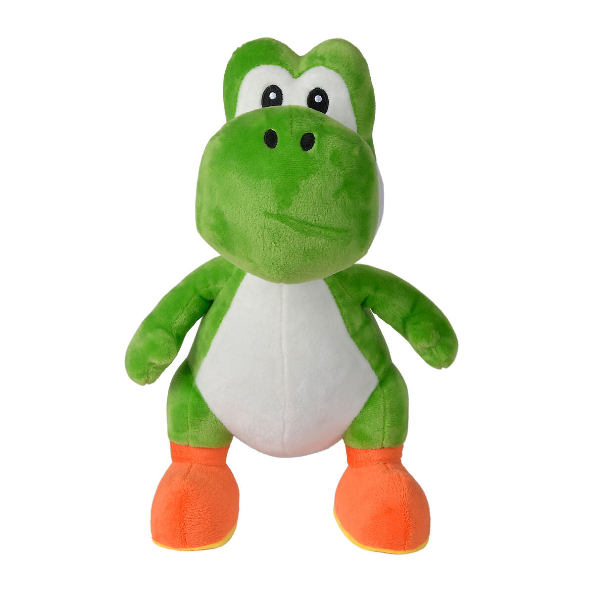 Yoshi λούτρινο παιχνίδι μπροστινή όψη, πράσινο σώμα, λευκή κοιλιά, πορτοκαλί παπούτσια