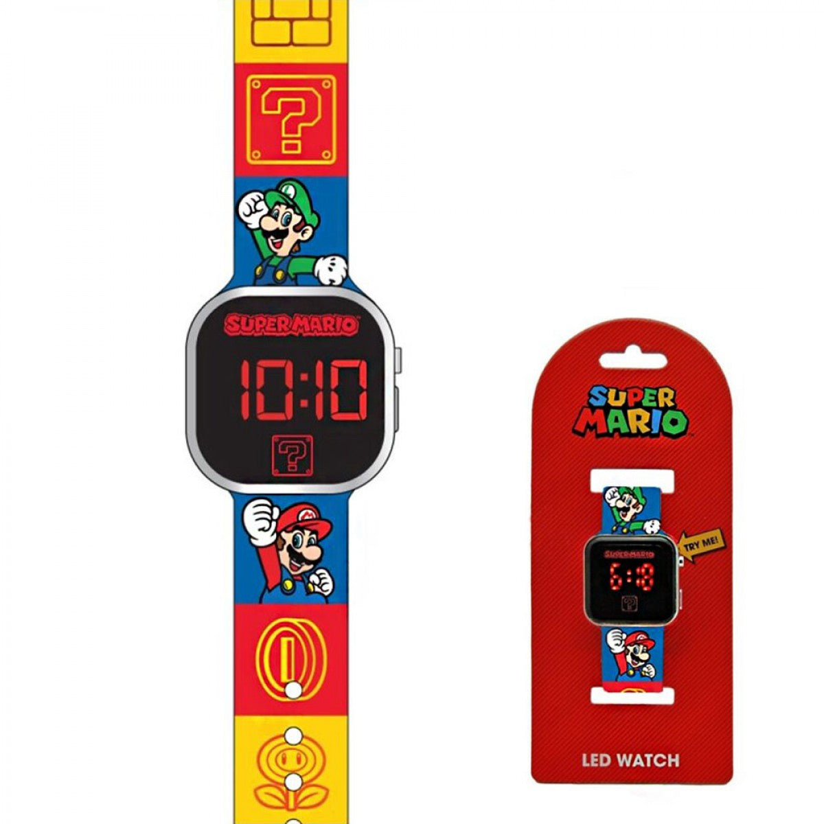 Super Mario ψηφιακό ρολόι LED με κόκκινη συσκευασία, μπλε κόκκινο κίτρινο λουράκι, Mario Luigi, LED Watch