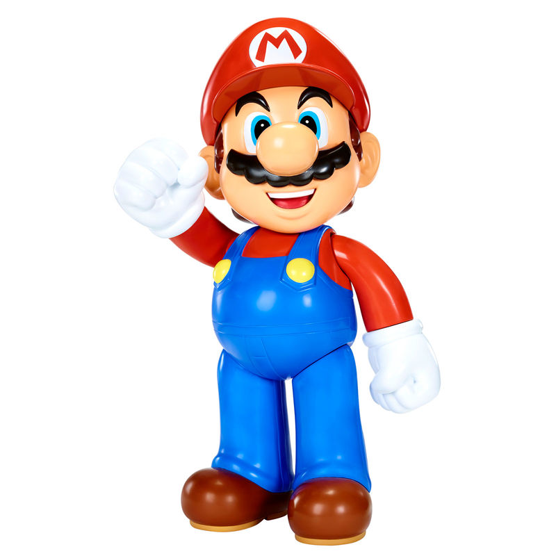 Super Mario φιγούρα 50cm πλάγια όψη, κόκκινο καπέλο με M, μπλε φόρμα, κόκκινη μπλούζα, χέρι ψηλά 