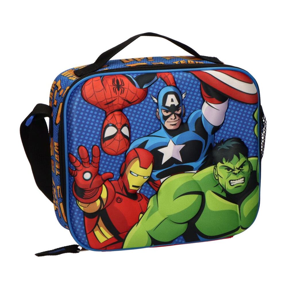 Μπλε 3D τσάντα φαγητού Avengers μπροστινή όψη με ήρωες