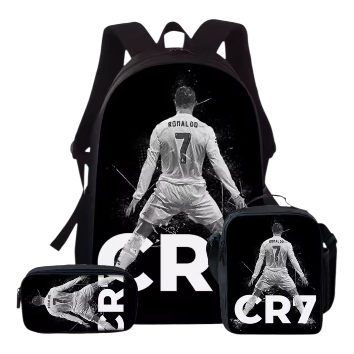 CR7 σχολικό σετ 3 τεμαχίων μαύρο — σακίδιο, τσαντάκι φαγητού και κασετίνα με CR7 print