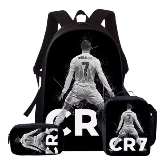 CR7 σχολικό σετ 3 τεμαχίων μαύρο — σακίδιο, τσαντάκι φαγητού και κασετίνα με CR7 print