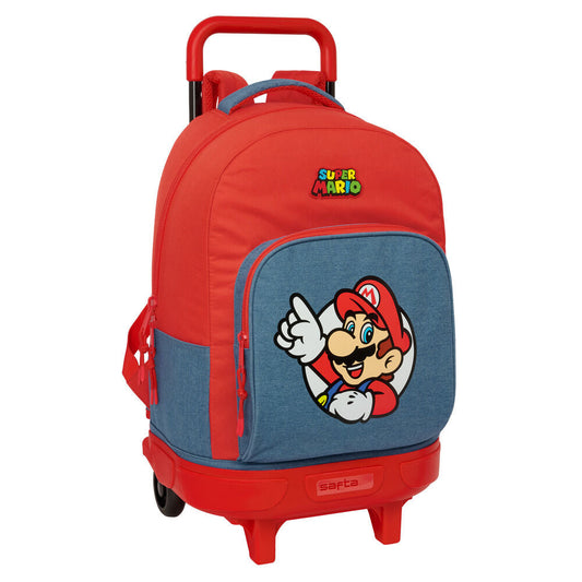 Super Mario σχολική τσάντα τρόλεϊ Safta μπροστινή όψη, κόκκινο σώμα, μπλε τσέπη με Mario, Super Mario logo