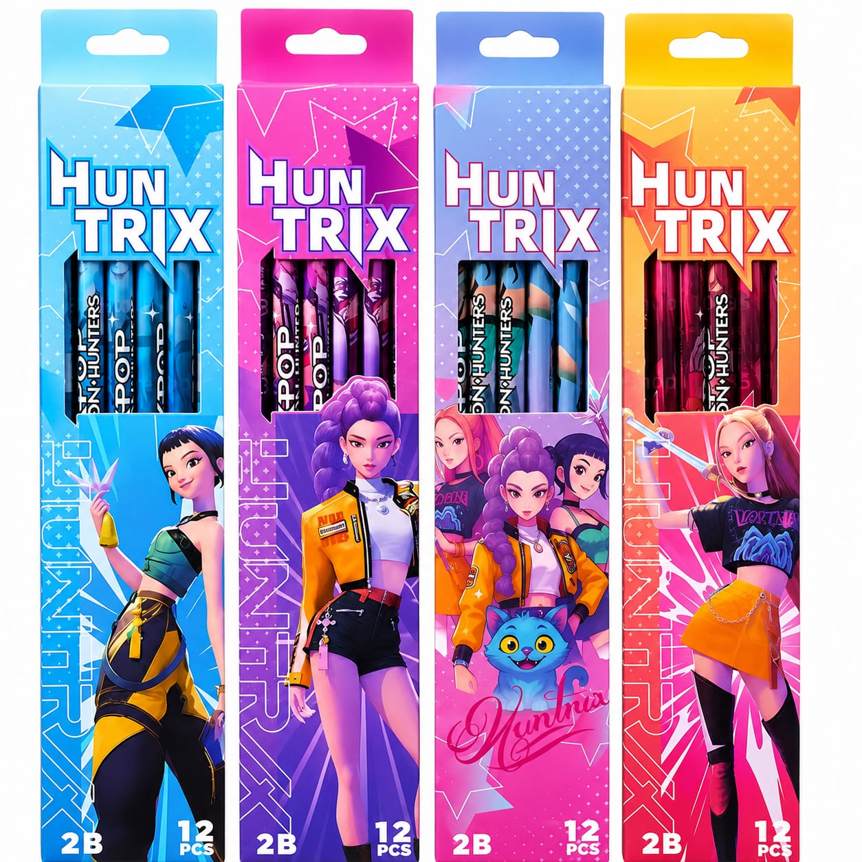 Huntrix μολύβια 2B σετ 12 τεμ. τέσσερα κουτιά μπροστά μπλε ροζ μωβ κίτρινο