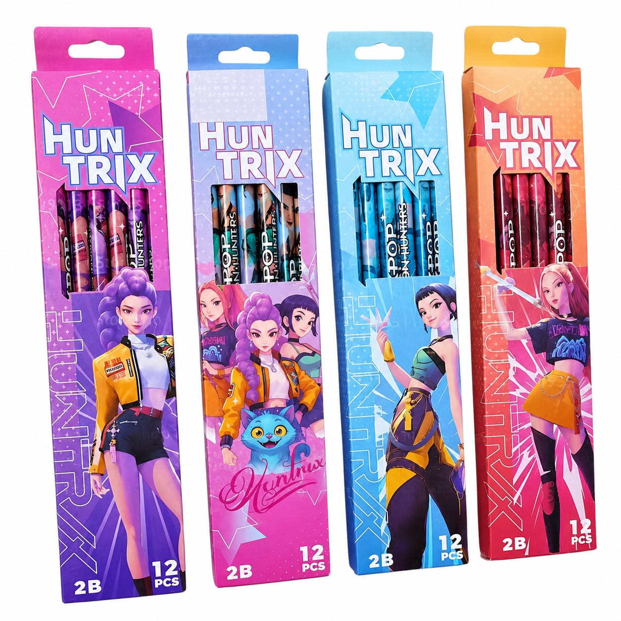 Huntrix μολύβια 2B σετ 12 τεμ. τέσσερα κουτιά εναλλακτική γωνία ροζ μπλε κίτρινο