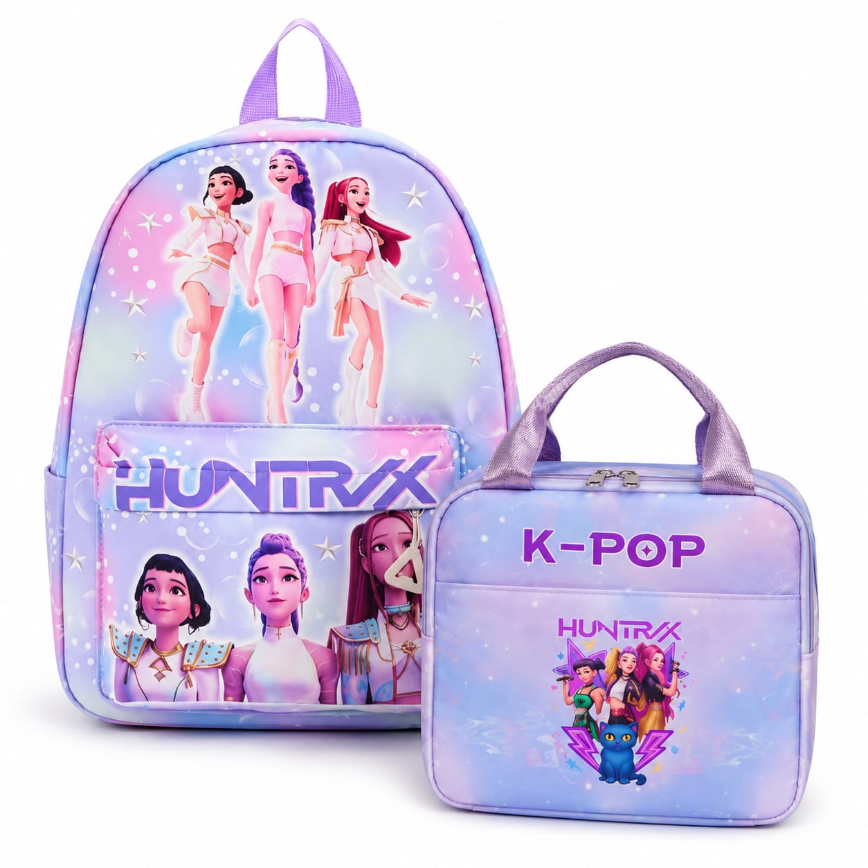 Huntryx K-POP σετ 2τμχ νηπιαγωγείου λιλά — σακίδιο και τσαντάκι φαγητού