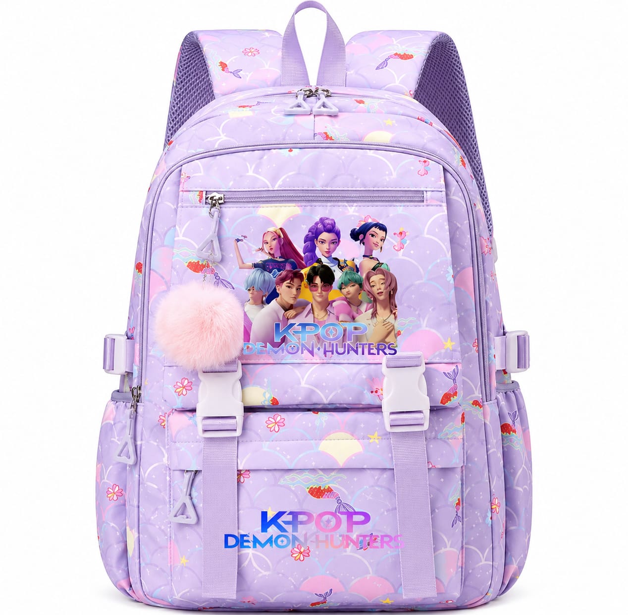 K-POP Demon Hunters σακίδιο λιλά 44cm με αστέρια και pom-pom μπρελόκ