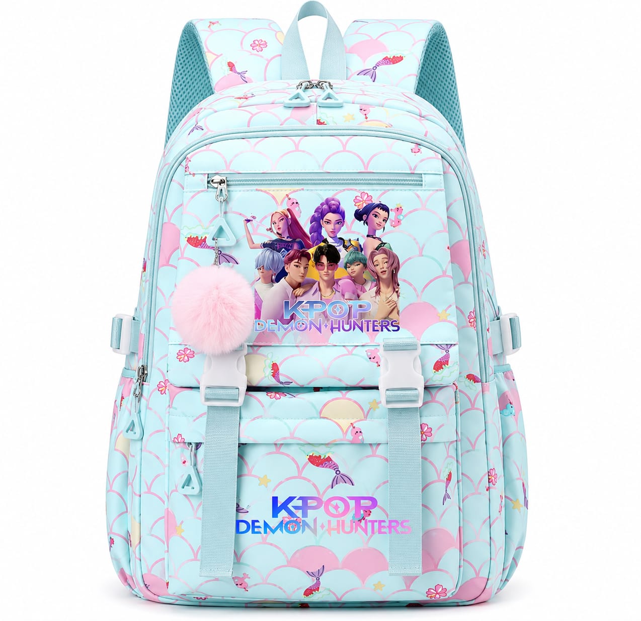 K-POP Demon Hunters σακίδιο γαλάζιο 44cm με αστέρια και pom-pom μπρελόκ