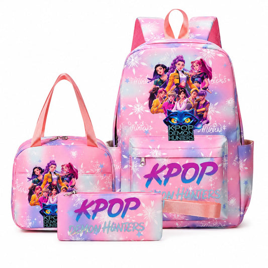 K-POP Demon Hunters σχολικό σετ 3 τεμαχίων ροζ tie-dye — σακίδιο, τσαντάκι φαγητού και κασετίνα