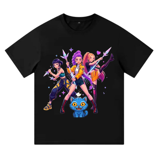 Μαύρο παιδικό t-shirt Kpop Demon Hunters με rock band σχέδιο